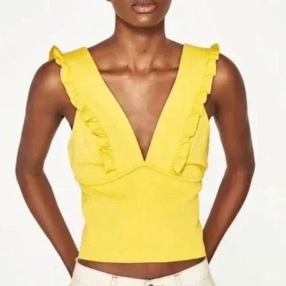 Zara Knit Sleeveless Plunge Neck Ruffle Sleeve Crop Yellow Tank Top - Small